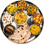 On a platter, Roti Sabzii is served with colorful vegetable curries and soft flatbread.