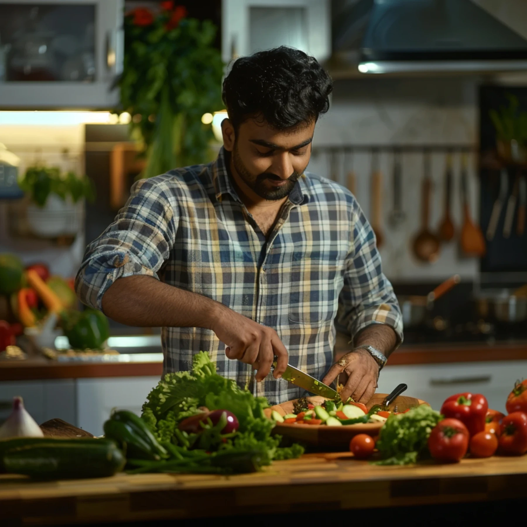 In a kitchen, a man is cooking Roti Sabzii, surrounded by fresh vegetables and cooking tools.