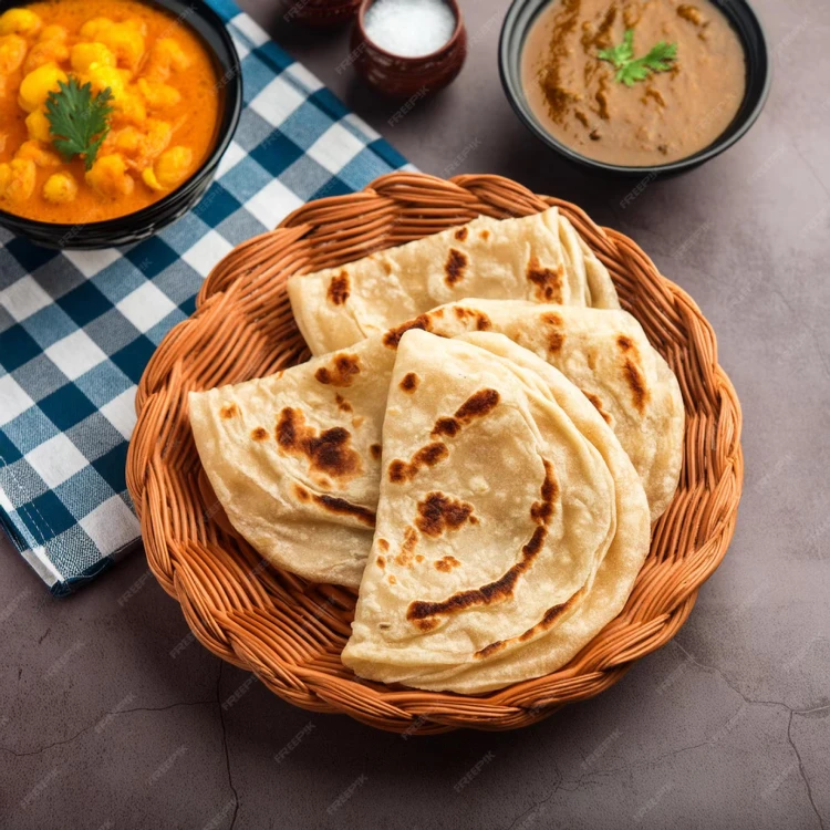 A basket of golden Indian flatbreads sits on a table, warm and inviting.
