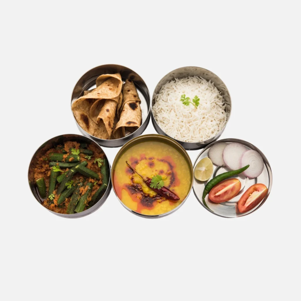 Four colorful food types in metal trays, each showing distinct textures and hues.