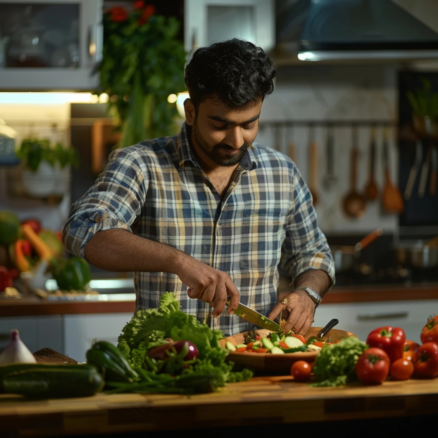 A man is chopping vegetables and preparing food in a modern kitchen.